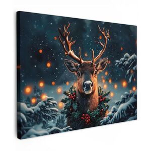 MuchoWow OBRAZ NA PLÁTNĚ Jelen - Vánoce - Zima - Sníh - Vánoční věnec 80x60 cm obraz