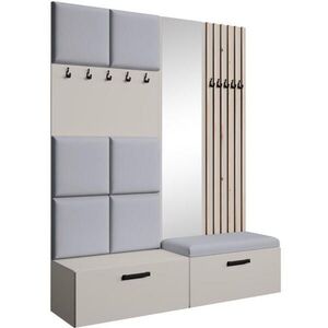 Beautysofa PŘEDSÍŇOVÁ sestava Margaret I+II 162/203/43 s čalouněnými panely / lamelami / zrcadlem, kašmírová|dub artisan obraz