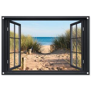 OnlyWow ZAHRADNÍ PLAKÁT Průhled - Pláž - Moře - Písek - Voda - Plážová tráva - Duny 90x60 cm obraz