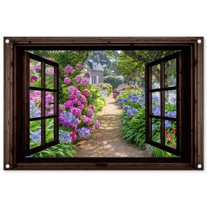 OnlyWow ZAHRADNÍ PLAKÁT Hortenzie - Průhledné - Květiny - Fialové - Příroda - Tmavě hnědé okno 90x60 cm obraz