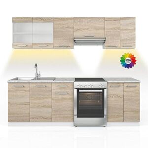 Vicco KUCHYŇSKÁ LINKA R-Line, Sonoma/Bílá, 240 cm S pracovní deskou s páskem LED obraz
