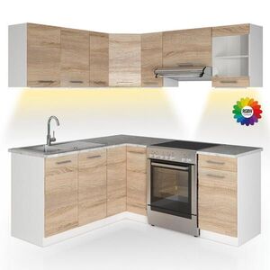 Vicco ROHOVÁ KUCHYŇSKÁ LINKA R-Line, Sonoma/Bílá, 187 x 167 cm s pracovní deskou s páskem LED obraz