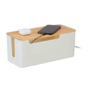Relaxdays BOX na kabely Bílá Přírodní bambusové víko 13x31x14 cm obraz
