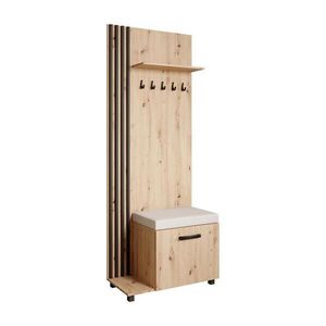 Beautysofa ŠATNÍ skříň LIVIA – vysoká skříň s věšáky a botníkem, dub Artisan, lamely černé, sedák světle béžový, levá obraz