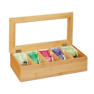 Relaxdays DÓZA Přírodní bambus 5-přihrádek průhledné víko 37x20x9 cm obraz