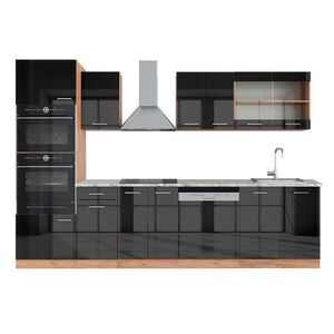 Vicco KUCHYŇSKÝ KOUT R-Line Antracitový vysoký lesk/zlatý dub power 300 cm s vysokou skříní, PD Mramor obraz