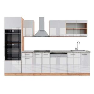 Vicco KUCHYŇSKÝ KOUT R-Line Bílý vysoký lesk/zlatý dub power 300 cm s vysokou skříní, PD Mramor obraz