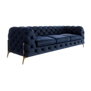 S-Style CHESTERFIELD TŘÍMÍSTNÁ POHOVKA Lexi z tmavě modrého sametu se zlatými nohami obraz