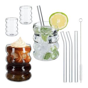 Relaxdays SKLENICE Transparentní 4dílná-sada vlnitý design se skleněnými brčky 350 ml obraz