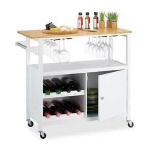 Relaxdays VOZÍK Bílá Přírodní bambus s regálem na víno kolečka 92x40 cm obraz
