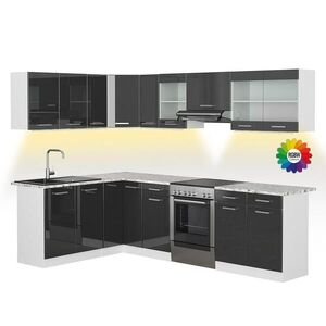 Vicco ROHOVÁ KUCHYŇSKÁ LINKA R-Line, Antracitový vysoký lesk/Bílá, 267 x 167 cm s pracovní deskou s páskem LED obraz
