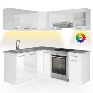 Vicco ROHOVÁ KUCHYŇ R-Line, Bílá vysoký lesk/Bílá, 187 x 167 cm s pracovní deskou s páskem LED obraz