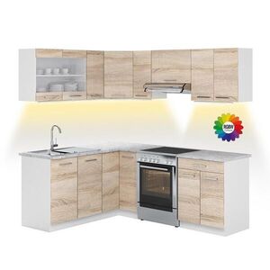Vicco ROHOVÁ KUCHYŇSKÁ LINKA R-Line, Sonoma/Bílá, 207 x 167 cm s pracovní deskou s páskem LED obraz