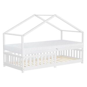 ML-DESIGN POSTEL VE TVARU DOMU s matrací 90 x 200 cm, výška 16 cm, bílá, z borového dřeva s ochranou proti vypadnutí obraz