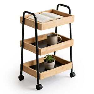 Relaxdays VOZÍK přírodní černá bambus kov 3 police 73 cm obraz