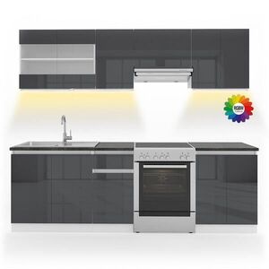 Vicco KUCHYŇSKÁ LINKA R-Line, Antracitový vysoký lesk/Bílá, 240 cm, AP Black s páskem LED obraz
