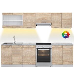 Vicco KUCHYŇSKÁ LINKA R-Line, Sonoma/Bílá, 270 cm s pracovní deskou s páskem LED obraz