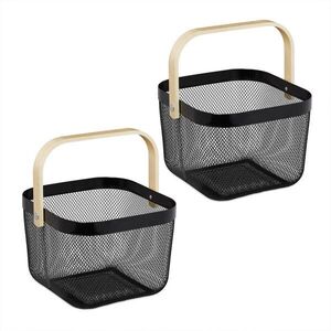 Relaxdays KOŠ Černý drátěný 2-SET kov bambusové držadlo 26 cm obraz