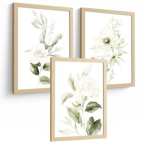 Nacnic PLAKAT Sada 3 botanických tisků Zelenobílé květy. Akvarelové plakáty rostlin v jemných zelených tónech Obrázky. Rám z lehkého dřeva velikosti A obraz