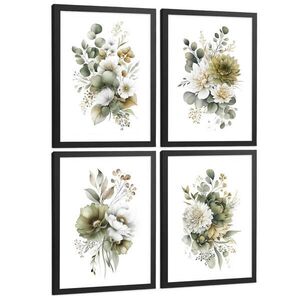 Nacnic PLAKAT Sada 4 boho botanických uměleckých tisků. Akvarelové květinové nástěnné umění. Velikost Černý rám A3 obraz