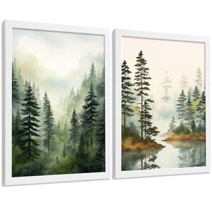 Nacnic PLAKAT Sada 2 dekorativních tisků Nordic Forest Landscape Moderní obývací pokoj Obrázky - zelené a hnědé dekorativní plakáty A3 Bílý rám obraz