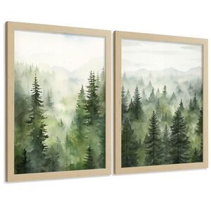 Nacnic PLAKAT Sada 2 dekorativních tisků Nordic Forest Landscape Moderní obývák Obrázky - Zelené dekorativní plakáty Dekorace Obývací A3 Světelný dřev obraz
