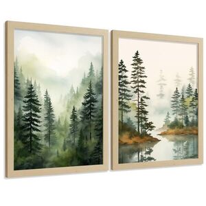 Nacnic PLAKAT Sada 2 dekorativních tisků Nordic Forest Landscape Moderní obývák Obrázky - Zelené a hnědé dekorativní plakáty Dekorace Obývací A3 bez r obraz