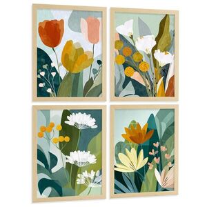 Nacnic PLAKÁT Sada 4 Flores Světlý dřevěný rám A4 obraz