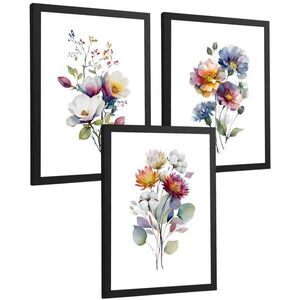 Nacnic PLAKAT Sada 3 botanických uměleckých tisků. Květinové nástěnné umění. Moderní minimalistický květinový nástěnný PLAKAT. Velikost Černý rám A4 obraz