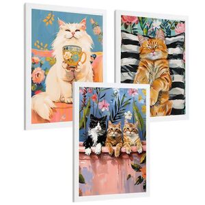 Nacnic PLAKAT Sada 3 Funny Cats A3 Bílý rám obraz
