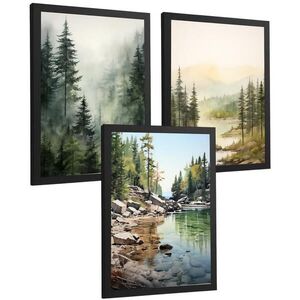 Nacnic PLAKAT Sada tří dekorativních tisků Nordic Landscape Moderní obývací Obrázky - zelené a hnědé dekorativní plakáty Dekorace Obývací A3 černý rám obraz