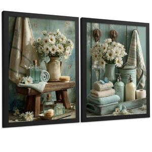 Nacnic PLAKÁT Sada 2 dekorativních koupelnových tisků, květinové v shabby chic Černý rám A4 obraz