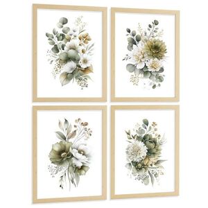 Nacnic PLAKAT Sada 4 boho botanických uměleckých tisků. Akvarelové květinové nástěnné umění. Velikost Světlý dřevěný rám A3 obraz