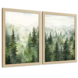 PLAKAT Sada 2 dekorativních tisků Nordic Forest Landscape Moderní obývák Obrázky - Zelené dekorativní plakáty Dekorace ložnice A4 bez rámu obraz