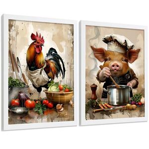 Nacnic PLAKAT Sada 2 Animal Chef A3 Bílý rám obraz
