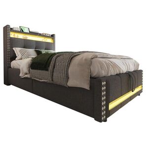 OKWISH ČALOUNĚNÁ postel 90/200 cm šedá z lněné tkaniny s LED, USB a úložným prostorem obraz