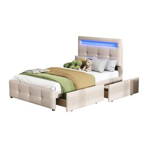 OKWISH ČALOUNĚNÁ postel 90/200 cm béžová s LED osvětlením a 2 zásuvkami obraz