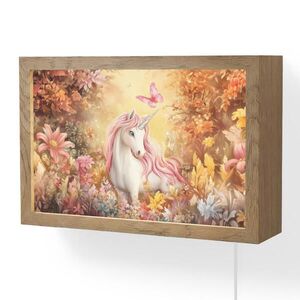 OnlyWow NÁSTĚNNÁ LAMPA Jednorožec - Květiny - Motýl - Růžová 30x20 cm obraz