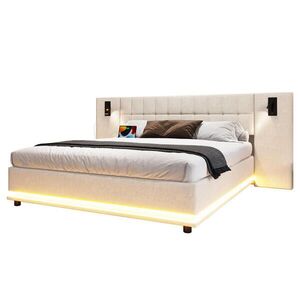 OKWISH ČALOUNĚNÁ postel 180/200 cm béžová z lnu s LED osvětlením USB a čelem se čtecím světlem obraz