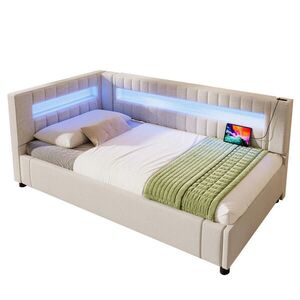 OKWISH DENNÍ postel 90/200 cm béžová z lnu a MDF s LED osvětlením a hydraulickým úložným prostorem obraz