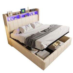 OKWISH ČALOUNĚNÁ postel 160/200 cm béžová z lněné tkaniny s LED a úložným prostorem obraz