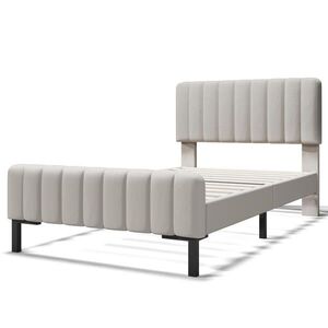 OKWISH ČALOUNĚNÁ postel 90/200 cm šedo-béžová z lnu s matrací a nastavitelným čelem obraz