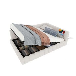 OKWISH DENNÍ postel 140/200 cm bílá z MDF a sametové látky s LED osvětlením a úložným prostorem obraz