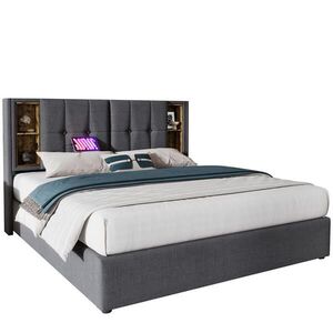 OKWISH ČALOUNĚNÁ postel 140/200 cm šedá z bavlny s bezdrátovým nabíjením a úložným prostorem obraz