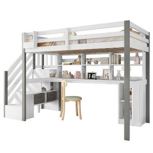 OKWISH POLOVYSOKÁ postel 253, 5/95, 5/160 cm bílá a šedá s úložným prostorem a psacím stolem z masivního dřeva a MDF obraz