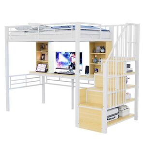 OKWISH PATROVÁ postel 90/200 cm bílá z MDF, kovu a překližky s pracovní deskou a LED osvětlením obraz