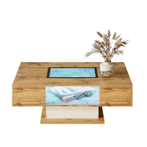 OKWISH KONFERENČNÍ stolek 110, 2/60/39, 7 cm přírodní a bílý z dřevotřísky se 2 zásuvkami a LED obraz
