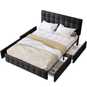 OKWISH ČALOUNĚNÁ postel 140/200 cm černá z lnu se 4 zásuvkami a nastavitelným čelem obraz