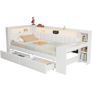 OKWISH DENNÍ postel 90/200 cm bílá z MDF a překližky s čalouněním, LED, USB, stolem a 2 zásuvkami obraz