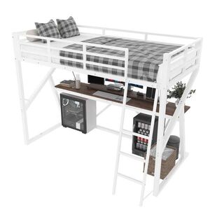 OKWISH VYSOKÁ postel 90/200 cm bílá s LED osvětlením a psacím stolem z kovu a MDF obraz